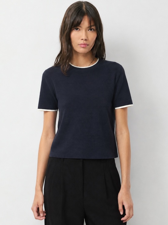 Mango Tops - Mango Navy Short Sleeve Sweater Top Contrast Trim Size M NWT